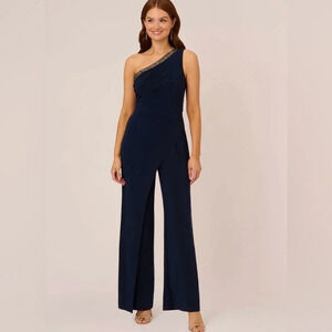 ADRIANNA PAPELL BEADED ONE-SHOULDER MATTE JERSEY JUMPSUIT